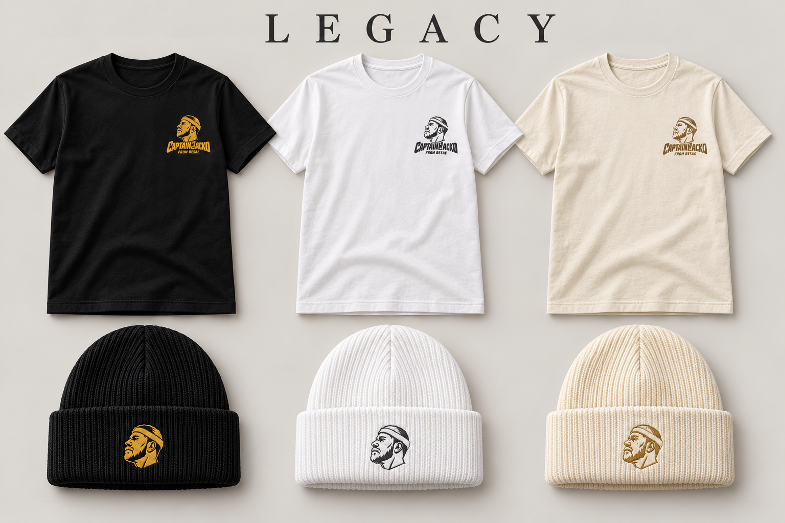 Collection Legacy : t-shirts et bonnets noir et or, blanc et charbon, lait cru et bronze